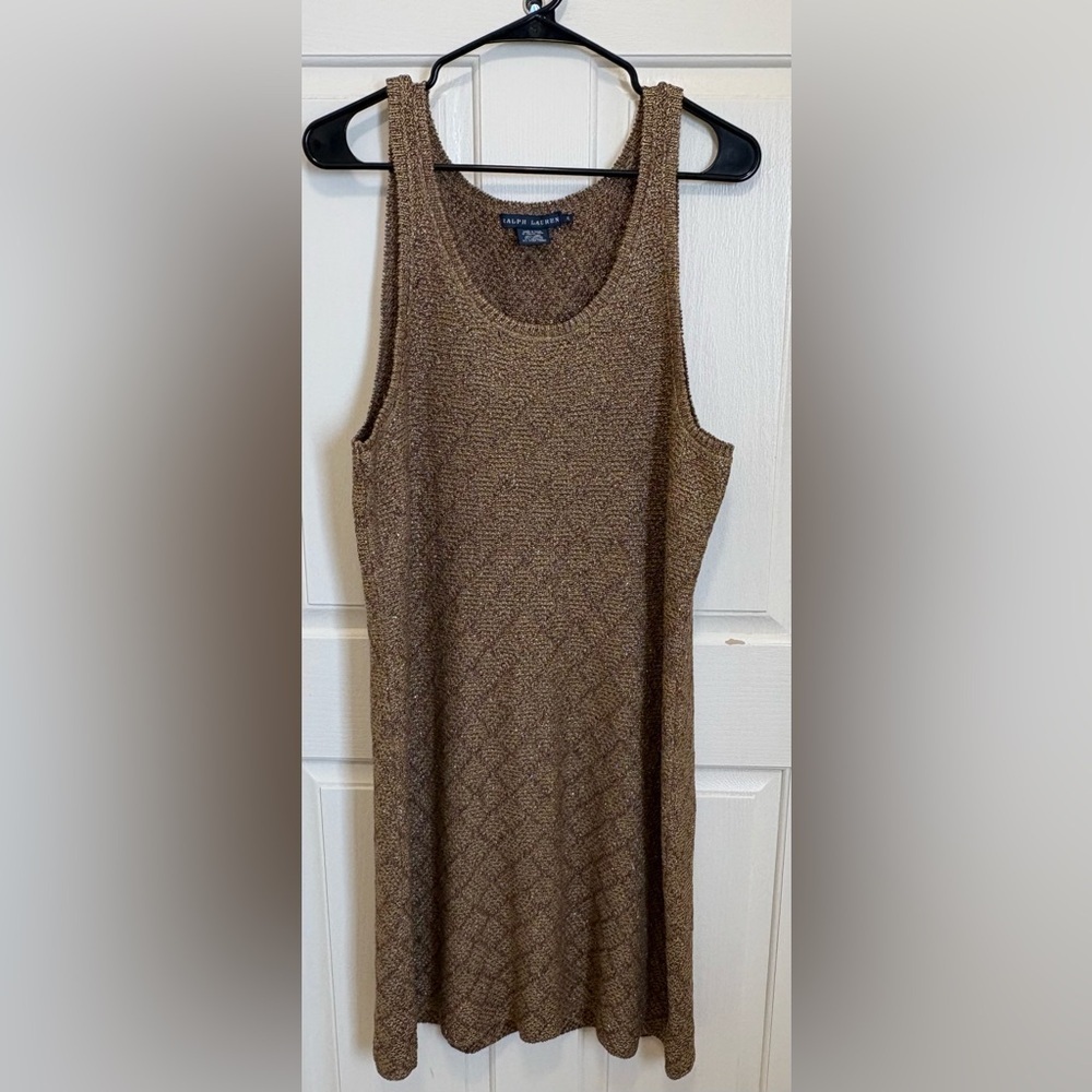 Vintage Blue label Ralph Lauren Metallic Linen-Blend Knit Tank Dress Gold Brown